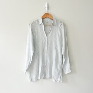 J. Jill Love Linen White and Green Striped Button Down 100% Linen Top Blouse